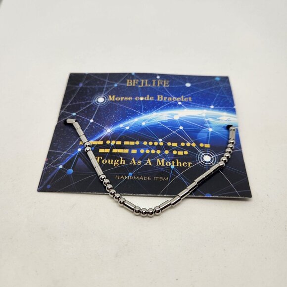 Tough As A Mother Bracelet Morse Code Silver Black Adjustable - Picture 1 of 3